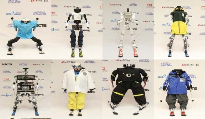 왼쪽 위부터 미니로봇(태권브이), 한양대(다이애나), 명지대(MHSRP), 국민대(RoK-2), 서울과기대(루돌프), KAIST(티보), 경북대(알렉시), 로봇융합연구원(스키로). - 한국로봇산업진흥원 제공